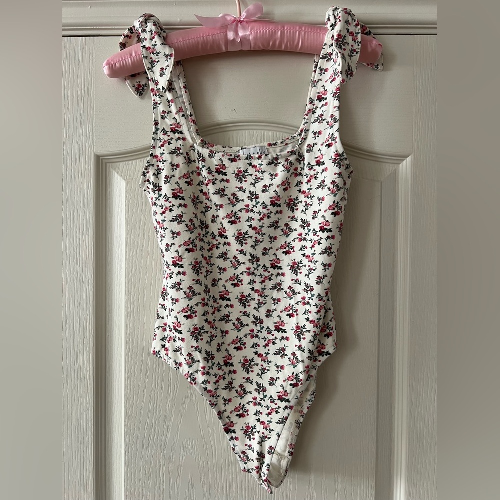 Kit + Sky Pink Flower Print Bodysuit Tank - Square Neckline w/ Bow Tie Shoulders